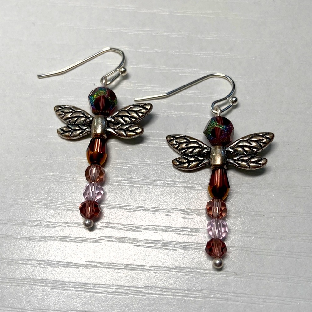 Handmade purple and silver dragonfly earrings.